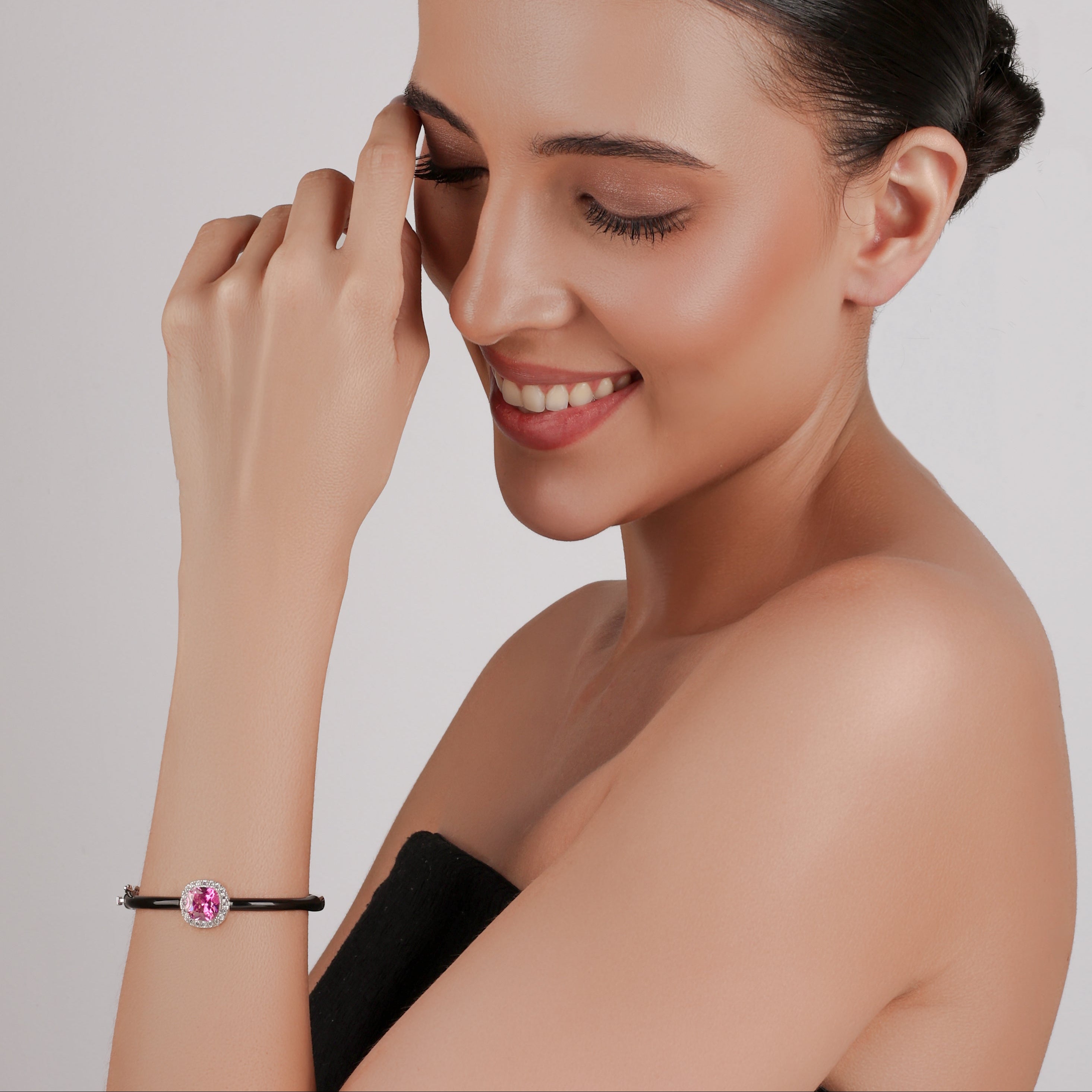 925 Silver Pink Stone Black Enamel Bangle Bracelet