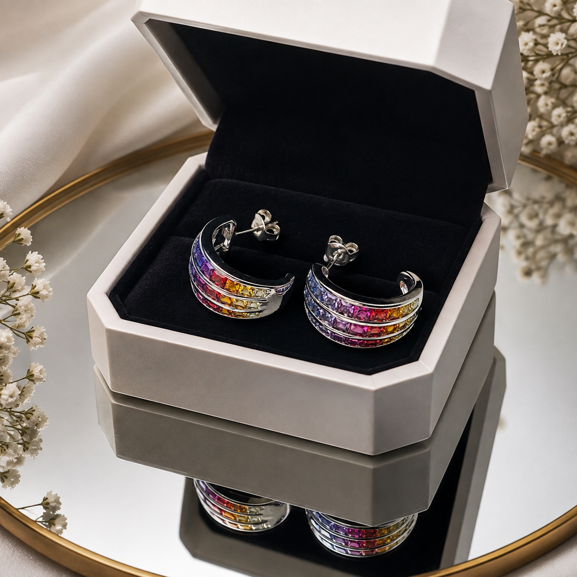 925 Silver Rainbow Cubic Zirconia Half Hoop Earrings for Women