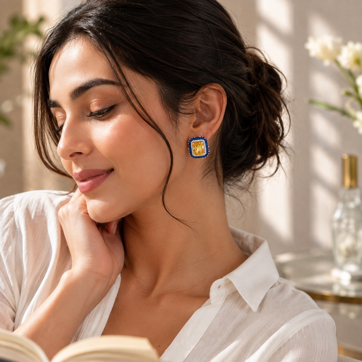 925 Silver Yellow & Blue Halo Stud Earrings for Women