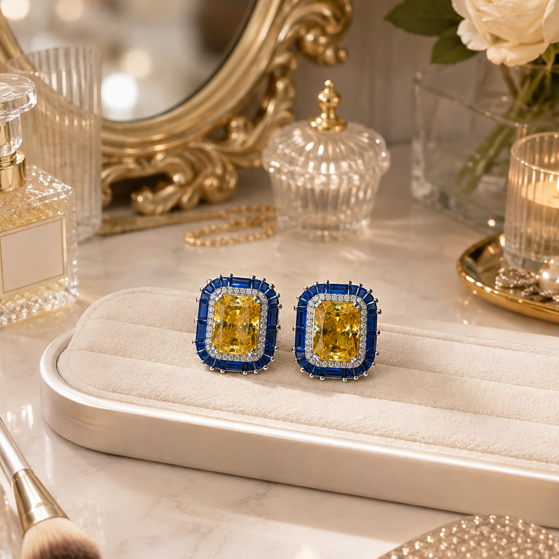 925 Silver Yellow & Blue Halo Stud Earrings for Women