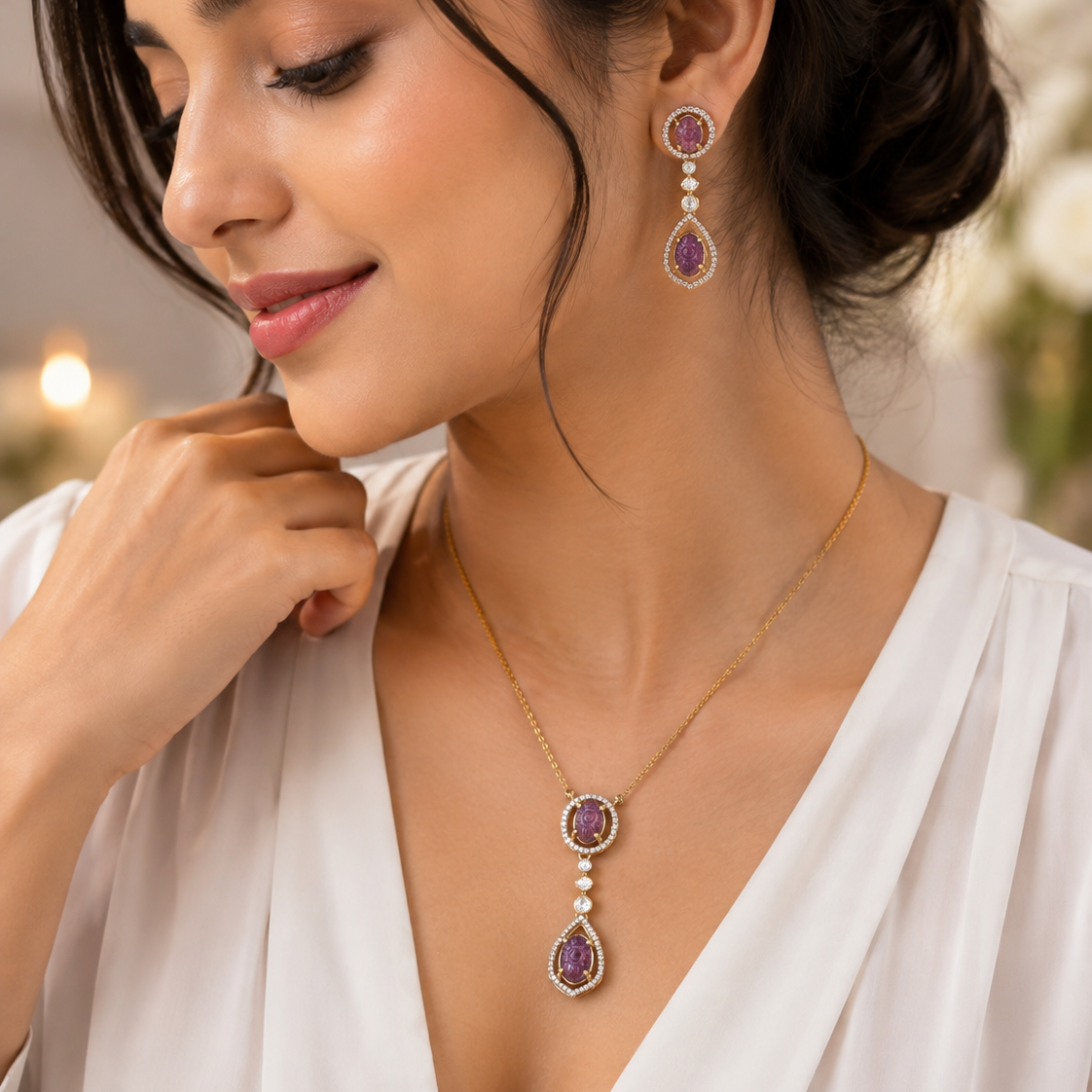 925  Silver purple Floral Stone Pendant Set for Women