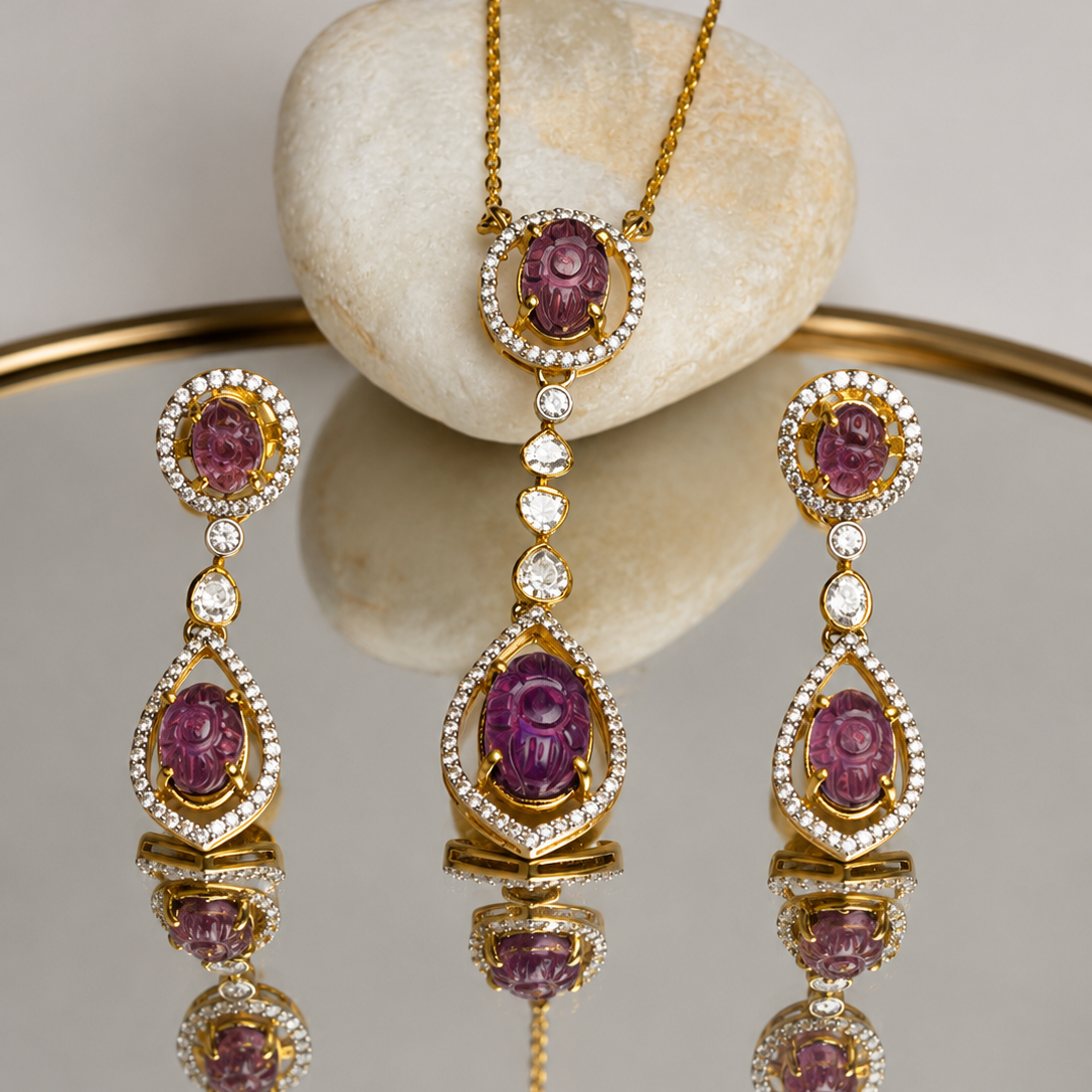 925  Silver purple Floral Stone Pendant Set for Women