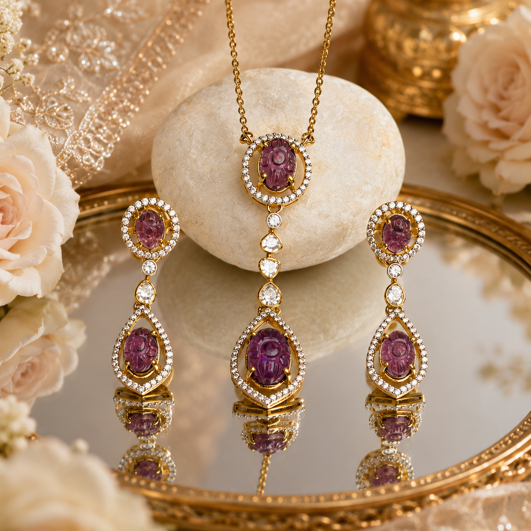 925  Silver purple Floral Stone Pendant Set for Women