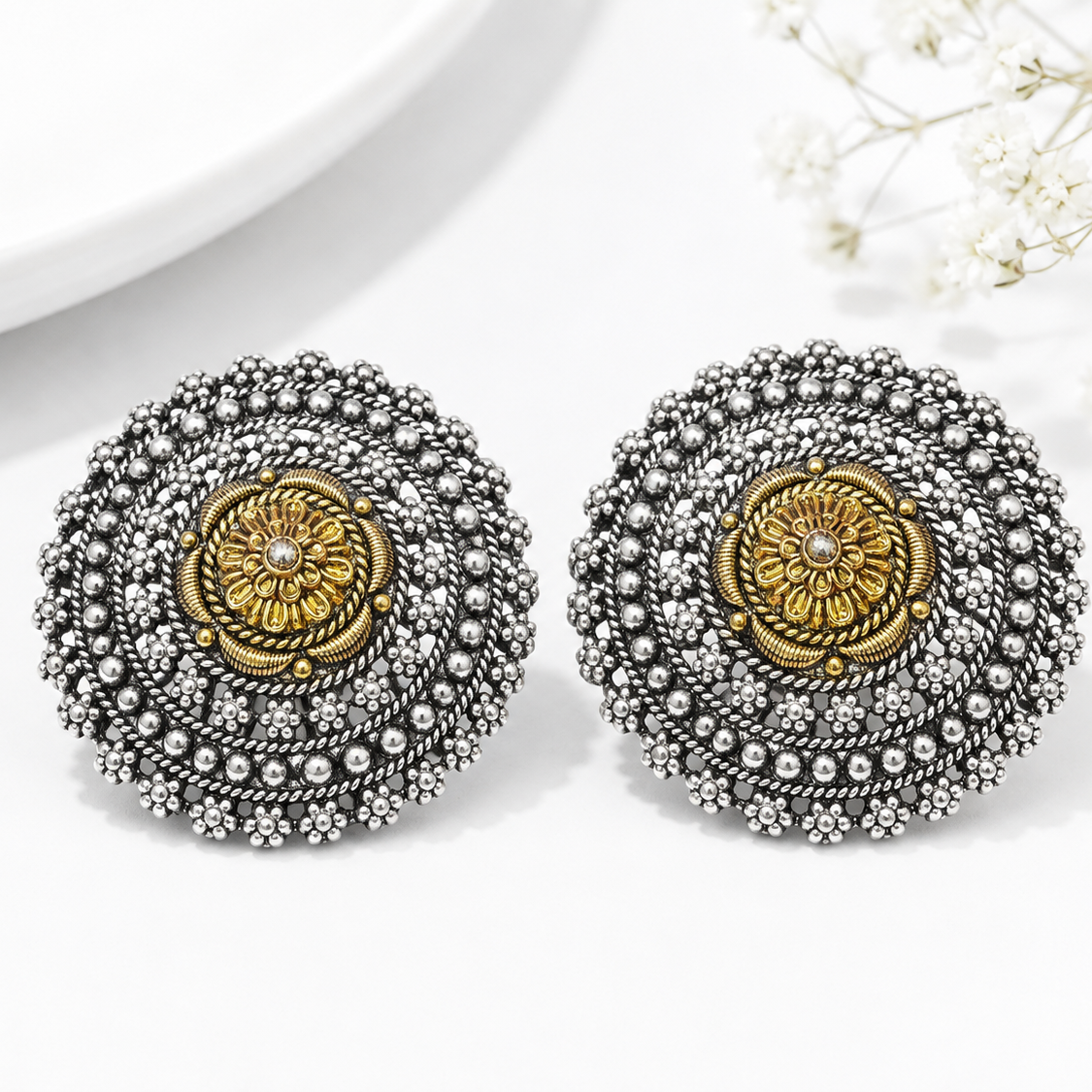 925  Silver Dual-Tone Floral Stud Earrings