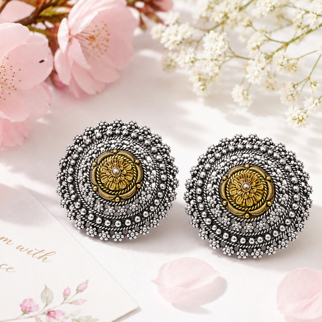 925  Silver Dual-Tone Floral Stud Earrings