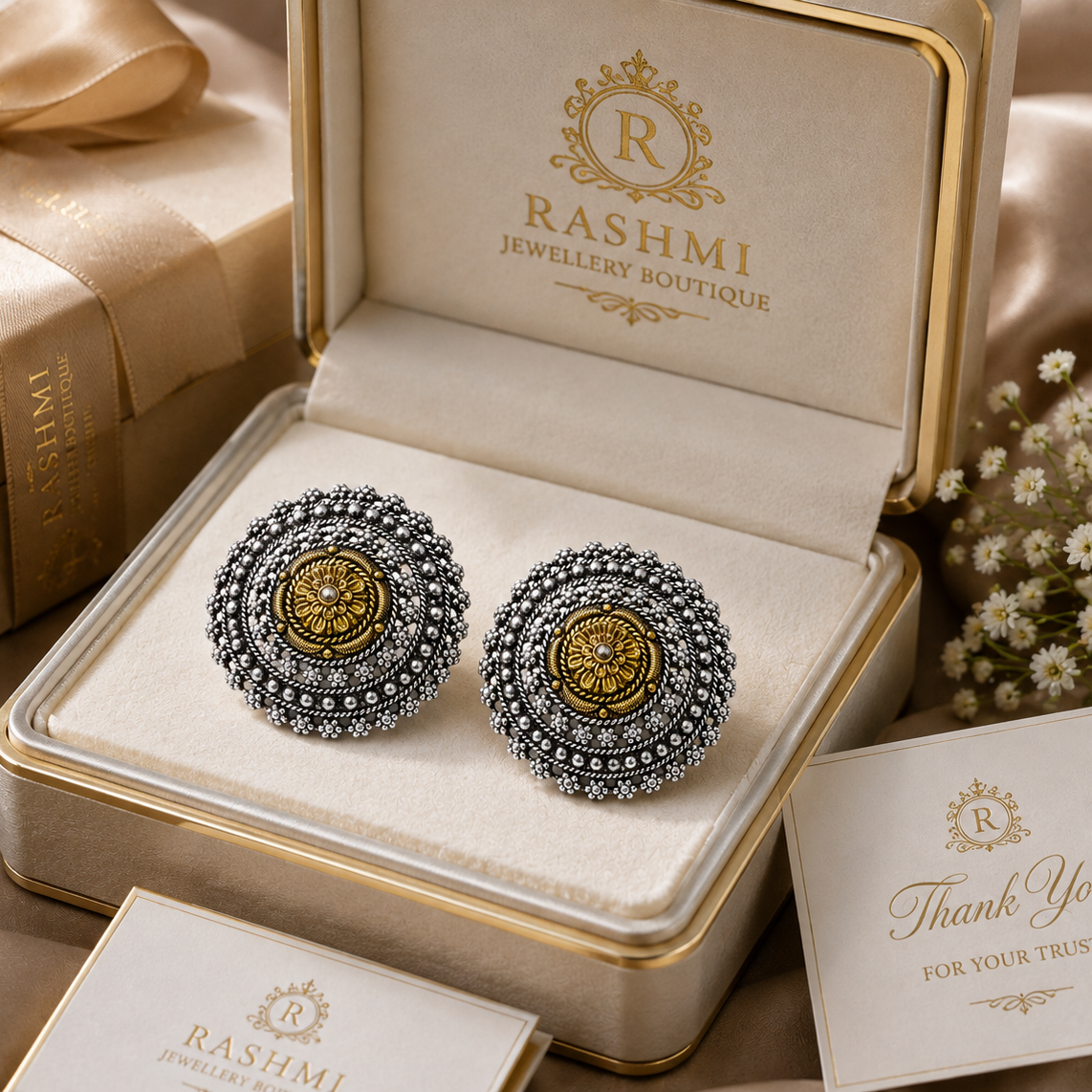 925  Silver Dual-Tone Floral Stud Earrings