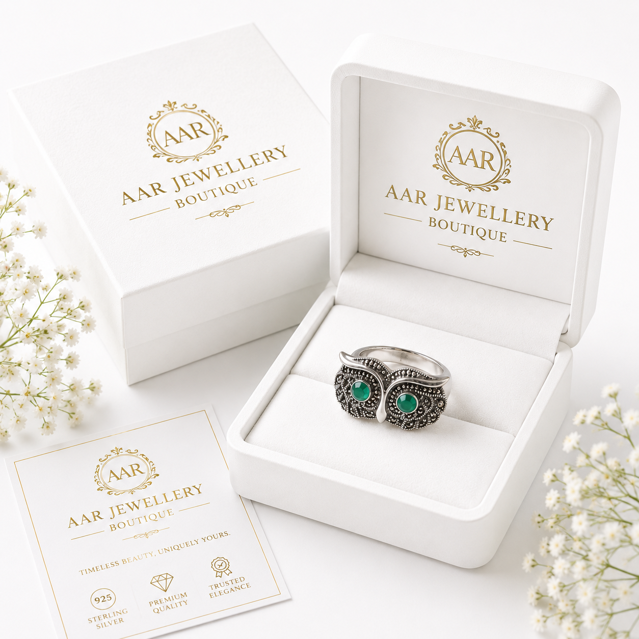 925  Silver Owl Adjustable Ring with Green Stone Eyes
