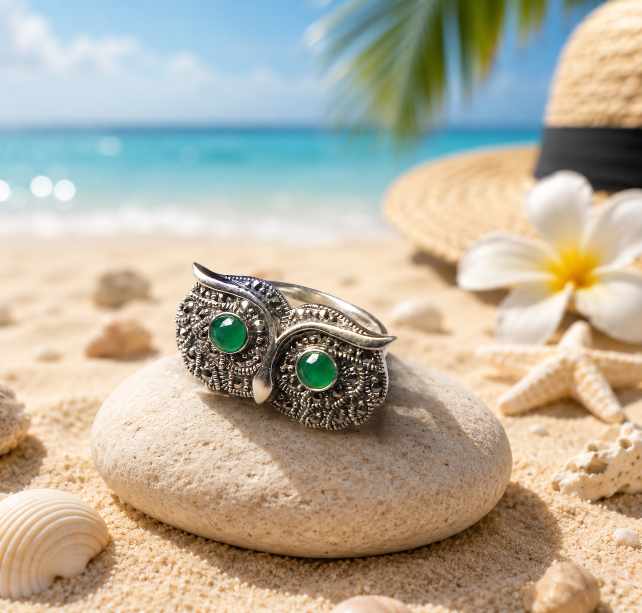 925  Silver Owl Adjustable Ring with Green Stone Eyes