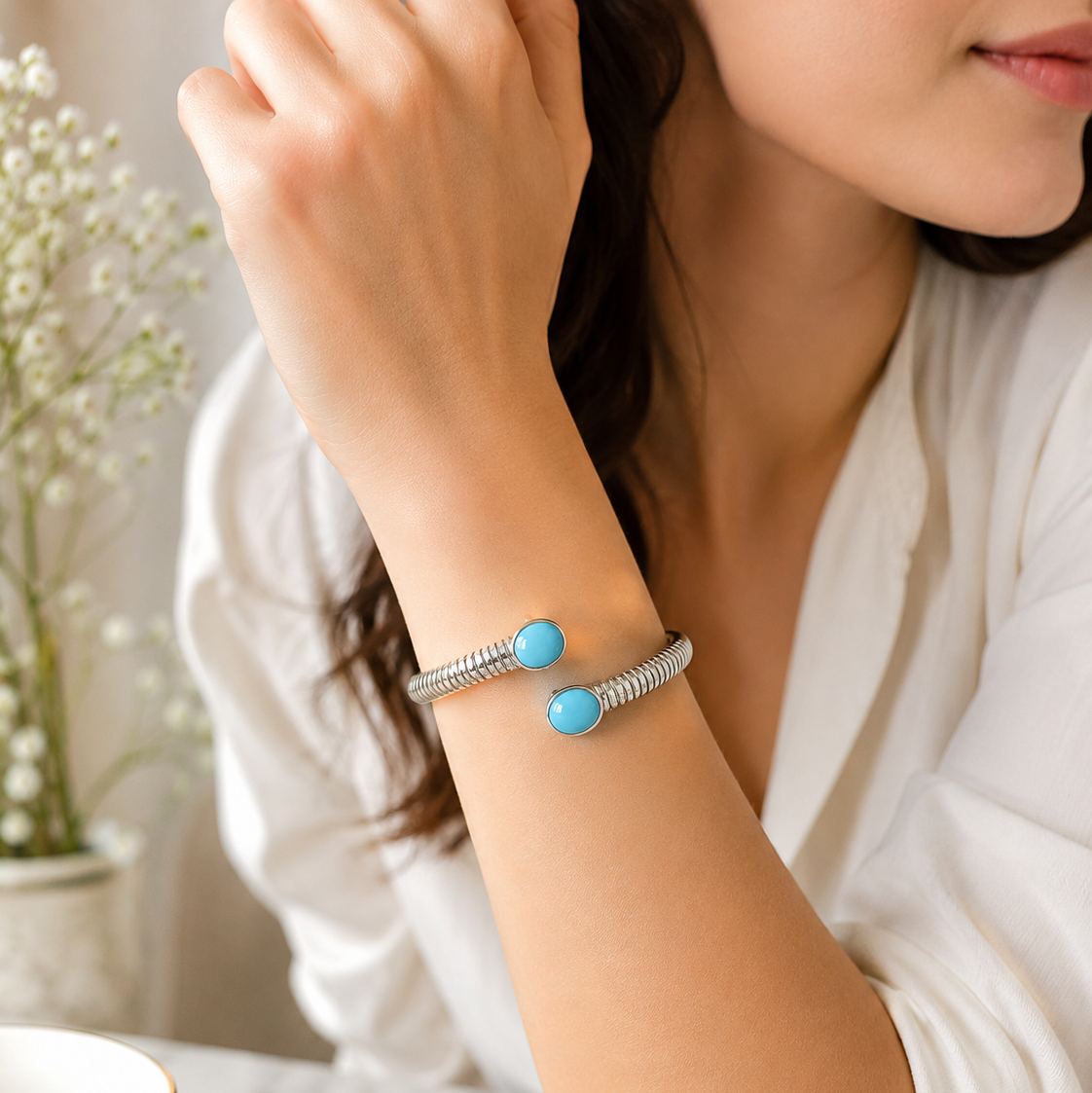 925 Sterling Silver Turquoise Open Cuff Bracelet
