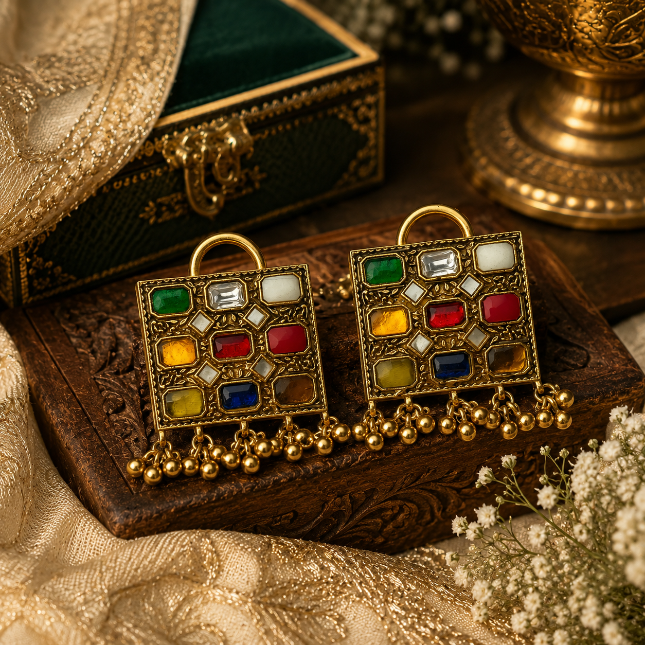 925 Silver Gold-Plated Navratna Inspired Square Drop Earrings for Women