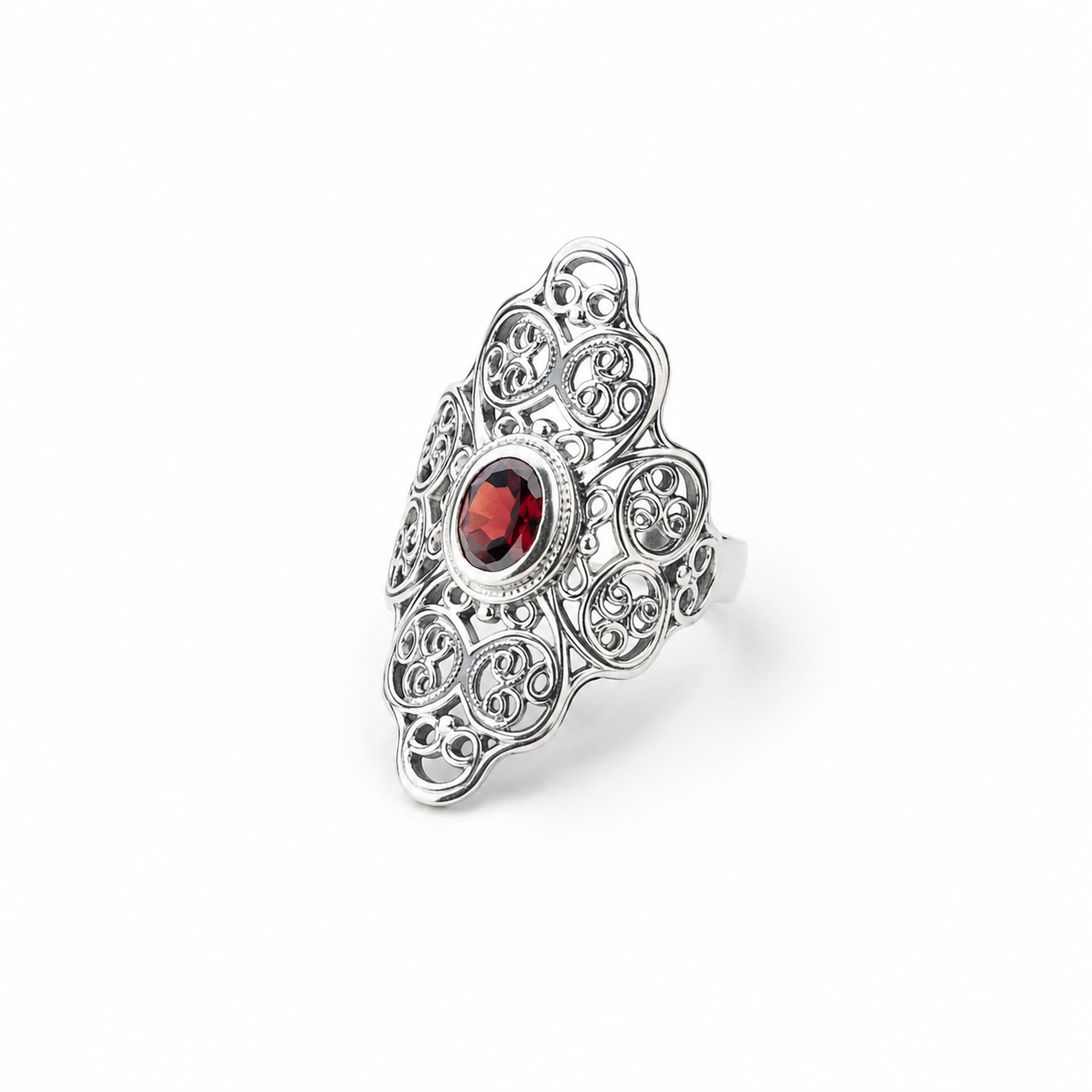 925 Sterling Silver Filigree Garnet Statement Ring