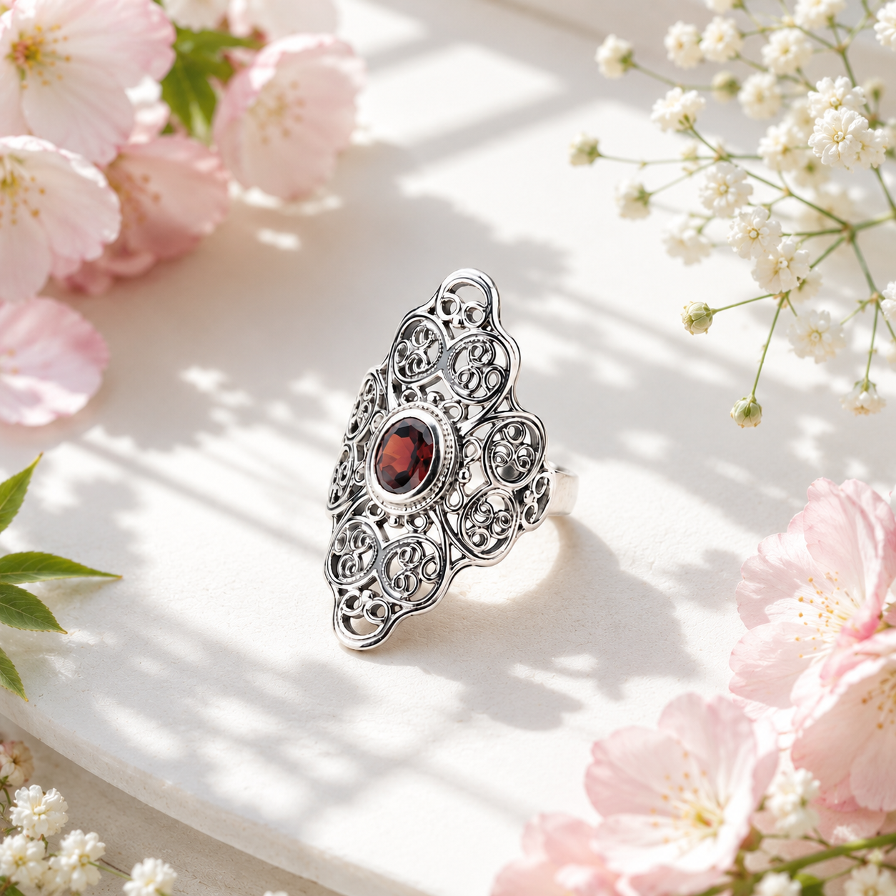 925 Sterling Silver Filigree Garnet Statement Ring