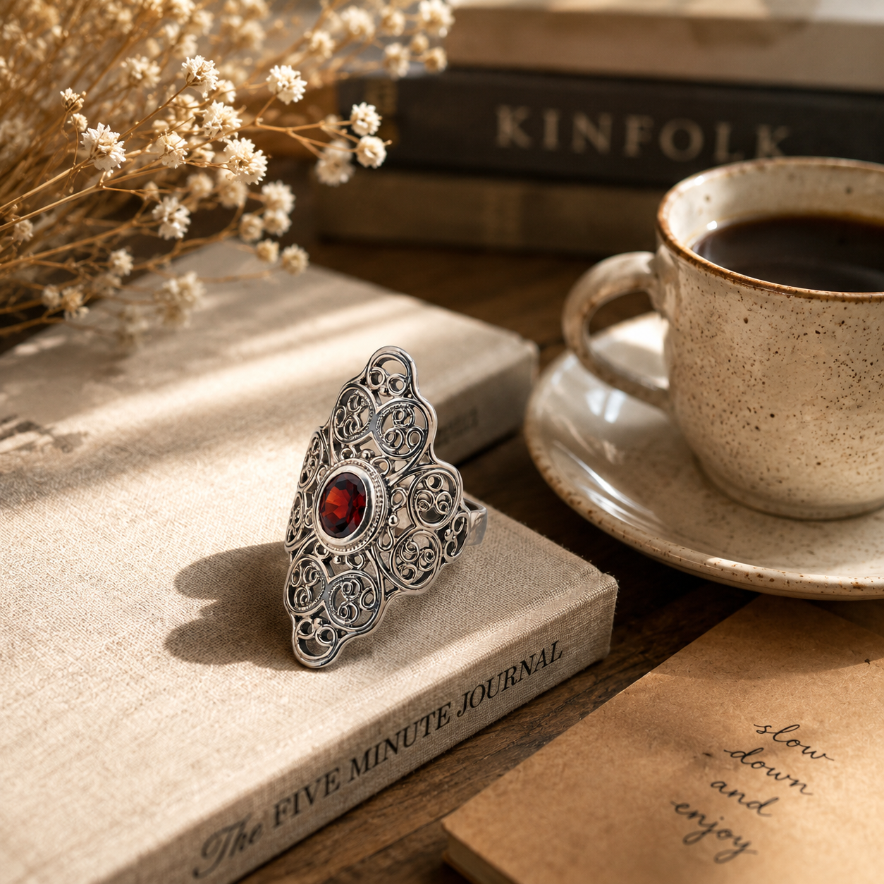925 Sterling Silver Filigree Garnet Statement Ring