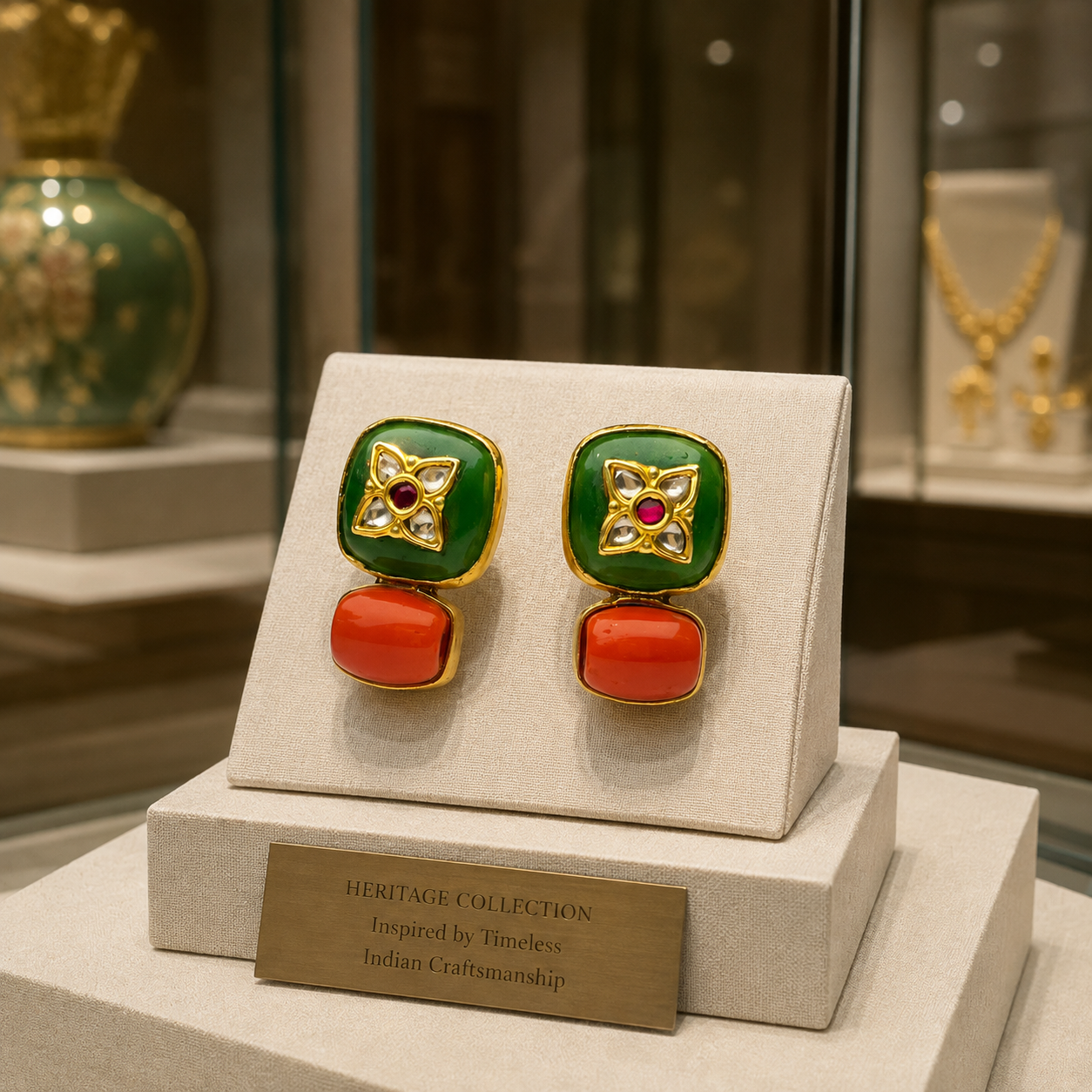 925  Silver Dual-Tone Green & Coral Stone Stud Earrings
