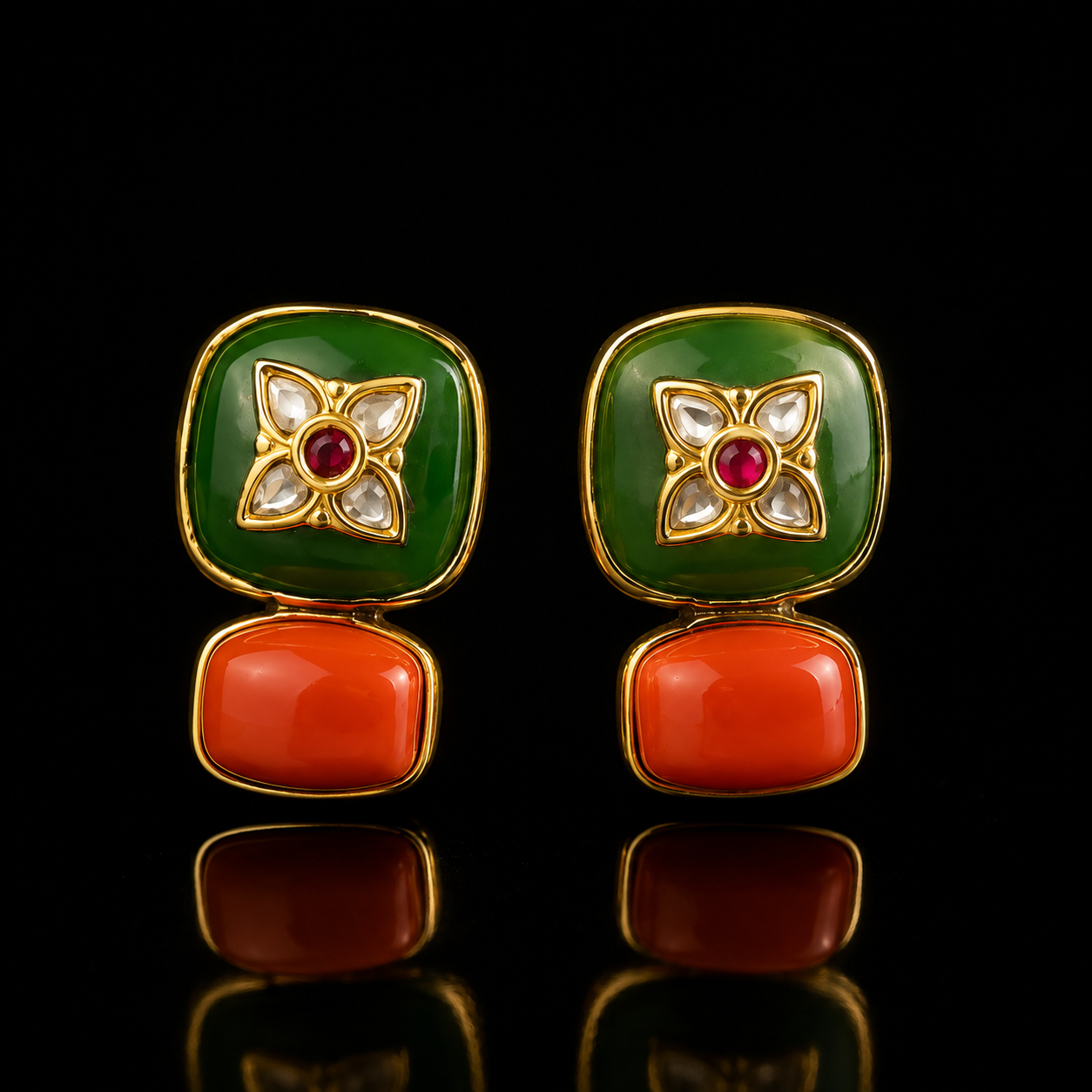 925  Silver Dual-Tone Green & Coral Stone Stud Earrings
