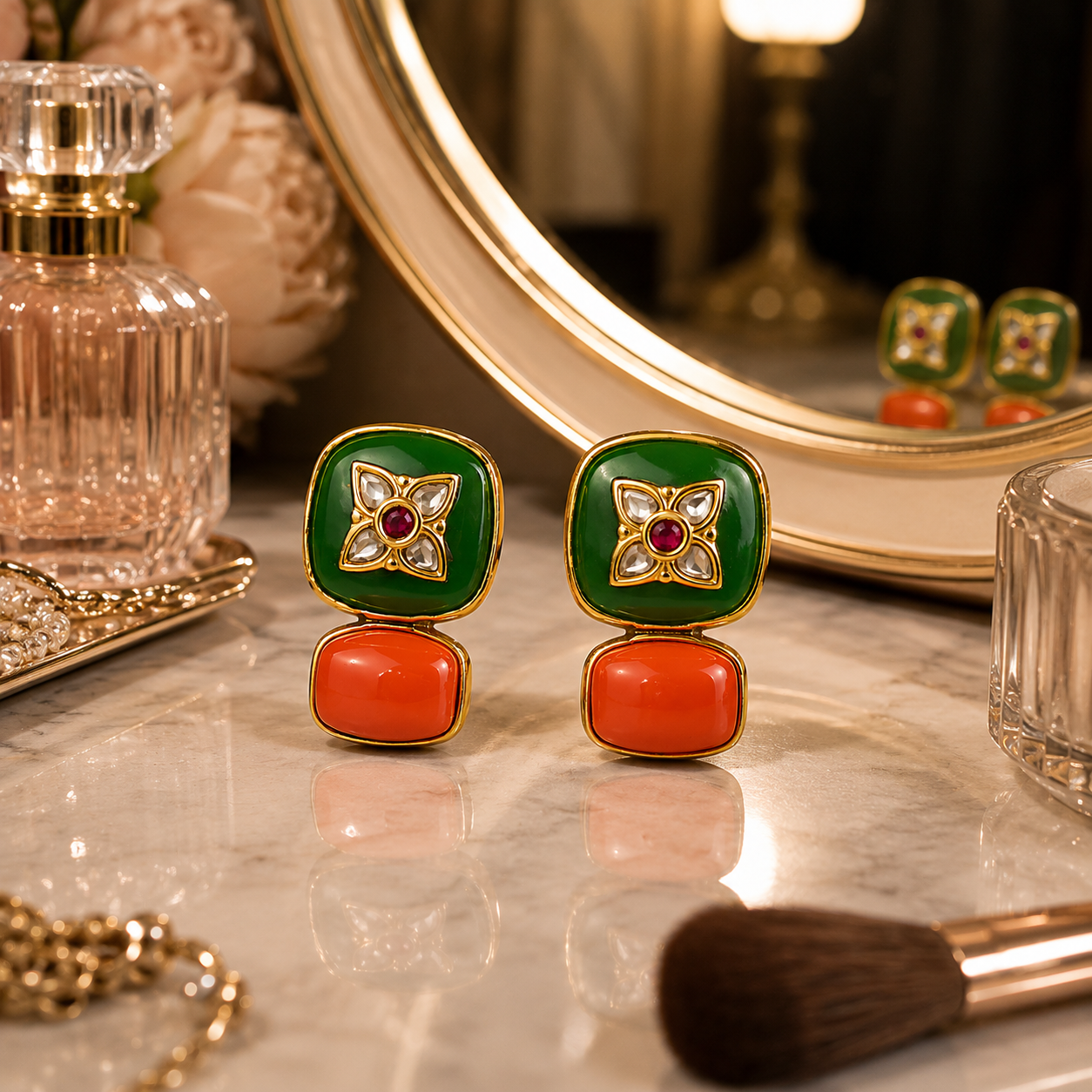 925  Silver Dual-Tone Green & Coral Stone Stud Earrings