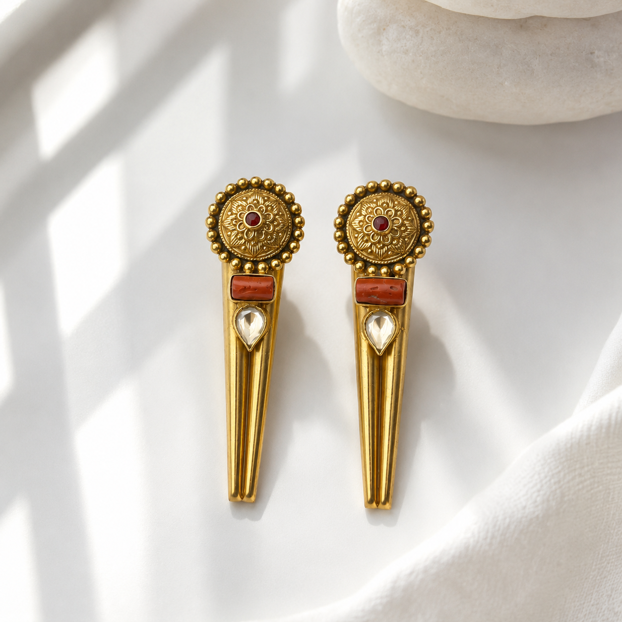 925 Silver Coral & Pear CZ Long Drop Earrings