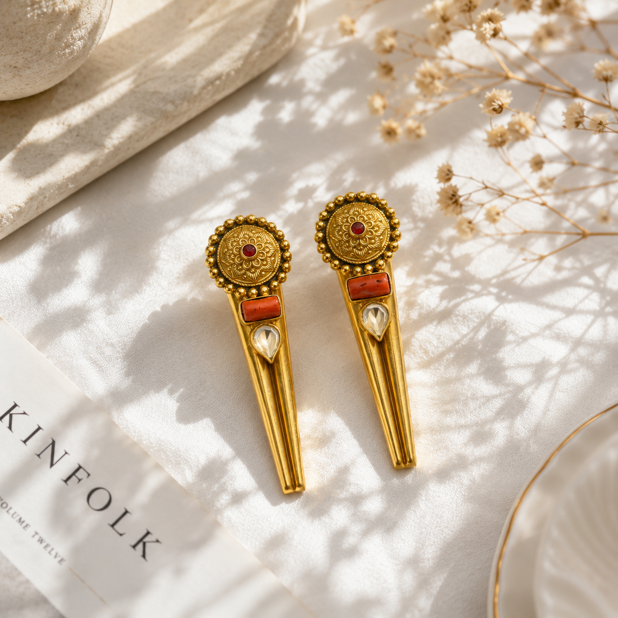 925 Silver Coral & Pear CZ Long Drop Earrings