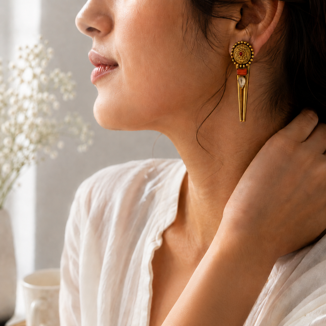 925 Silver Coral & Pear CZ Long Drop Earrings