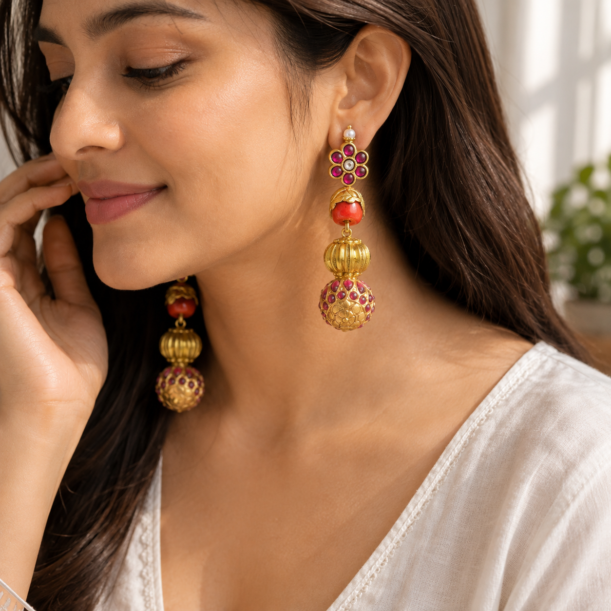 Gold Finish Floral  Earrings with Ruby CZ Stones for Women