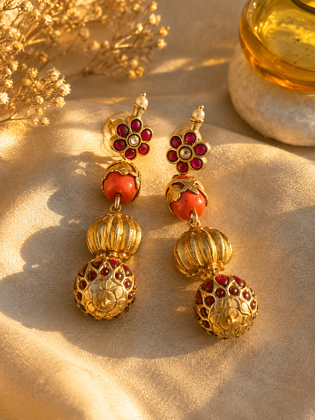 Gold Finish Floral  Earrings with Ruby CZ Stones for Women