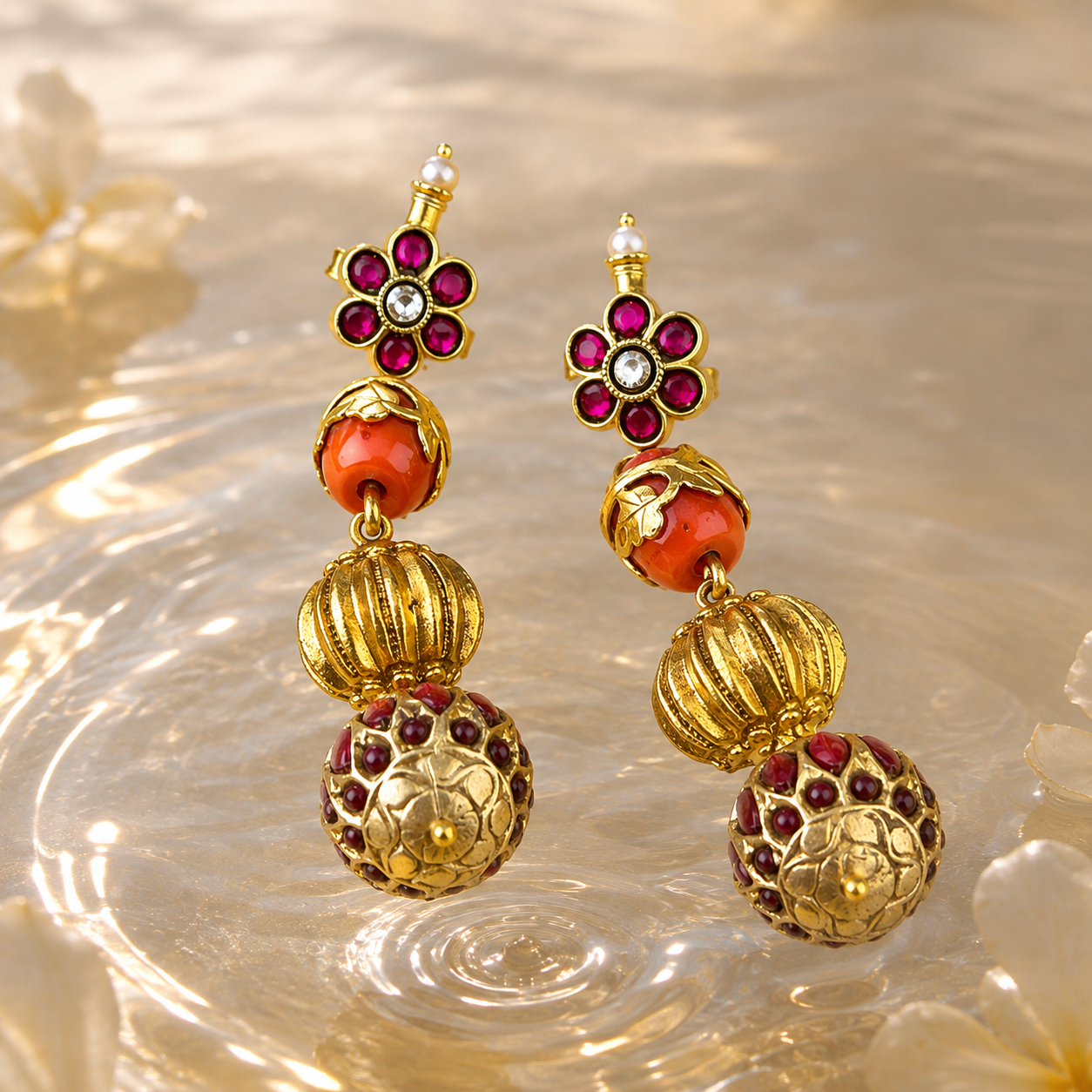 Gold Finish Floral  Earrings with Ruby CZ Stones for Women