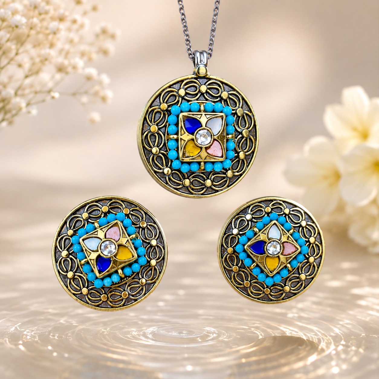 925  Silver Oxidized Navratna Round Pendant & Stud Earrings Set ( Chain Not Included)