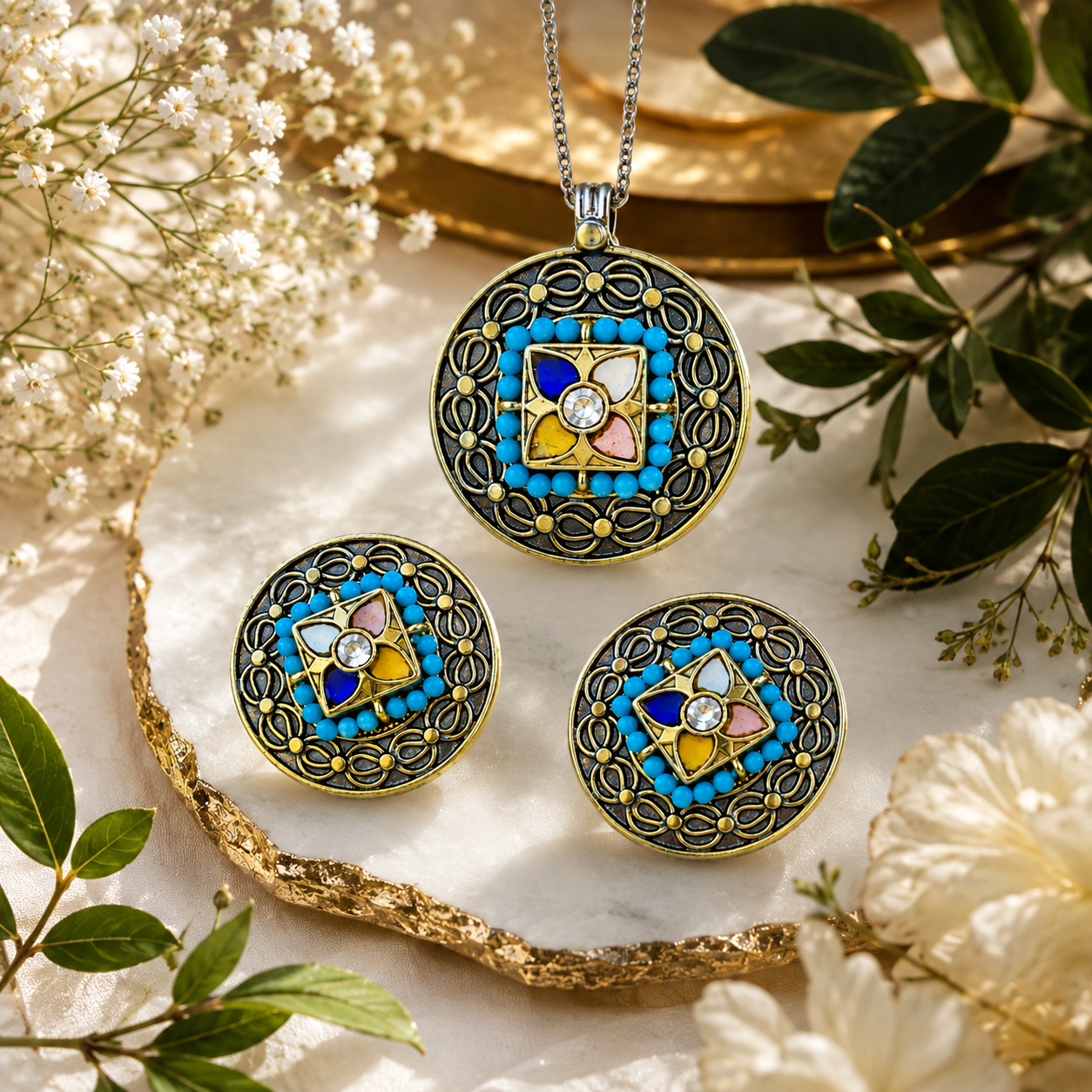 925  Silver Oxidized Navratna Round Pendant & Stud Earrings Set ( Chain Not Included)
