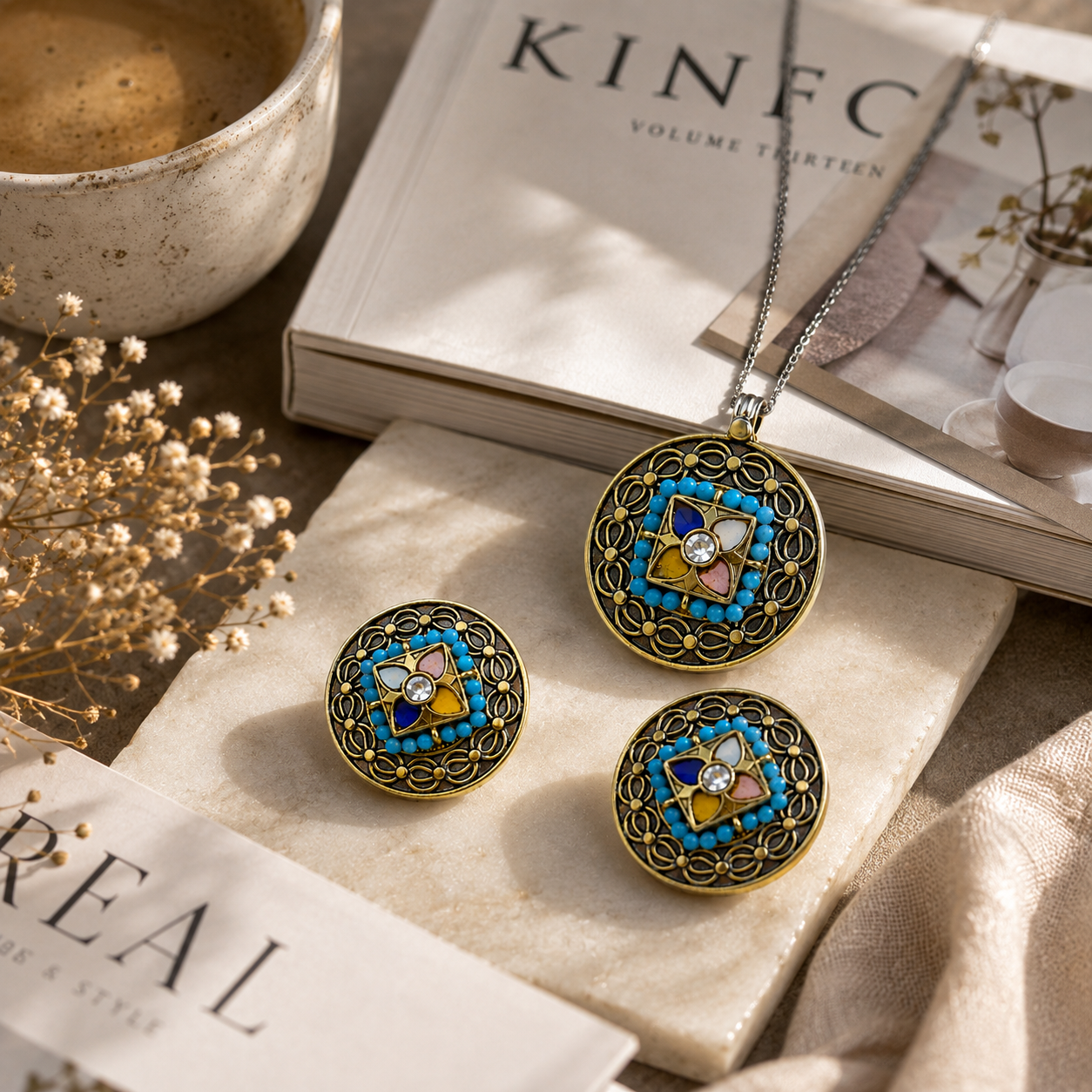 925  Silver Oxidized Navratna Round Pendant & Stud Earrings Set ( Chain Not Included)