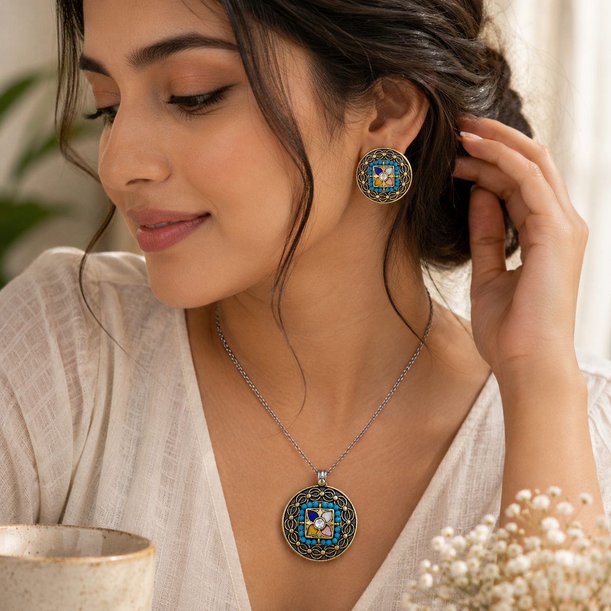 925  Silver Oxidized Navratna Round Pendant & Stud Earrings Set ( Chain Not Included)