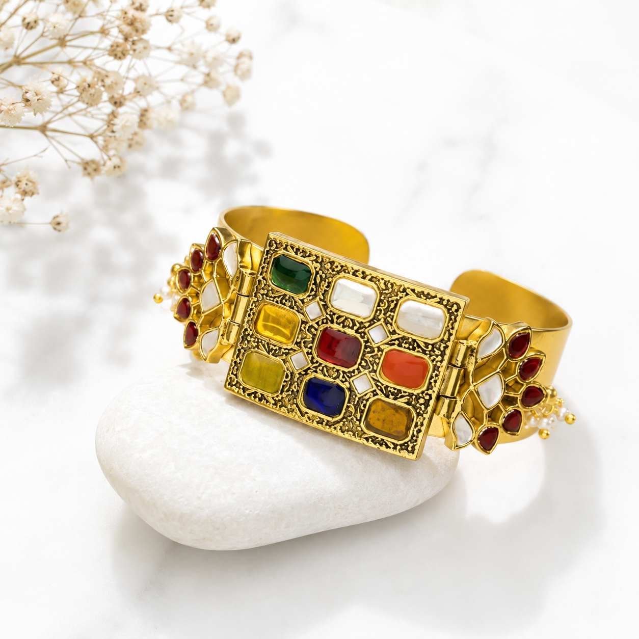 925 Silver Gold Polish Navratna Kundan Cuff Bracelet For Women