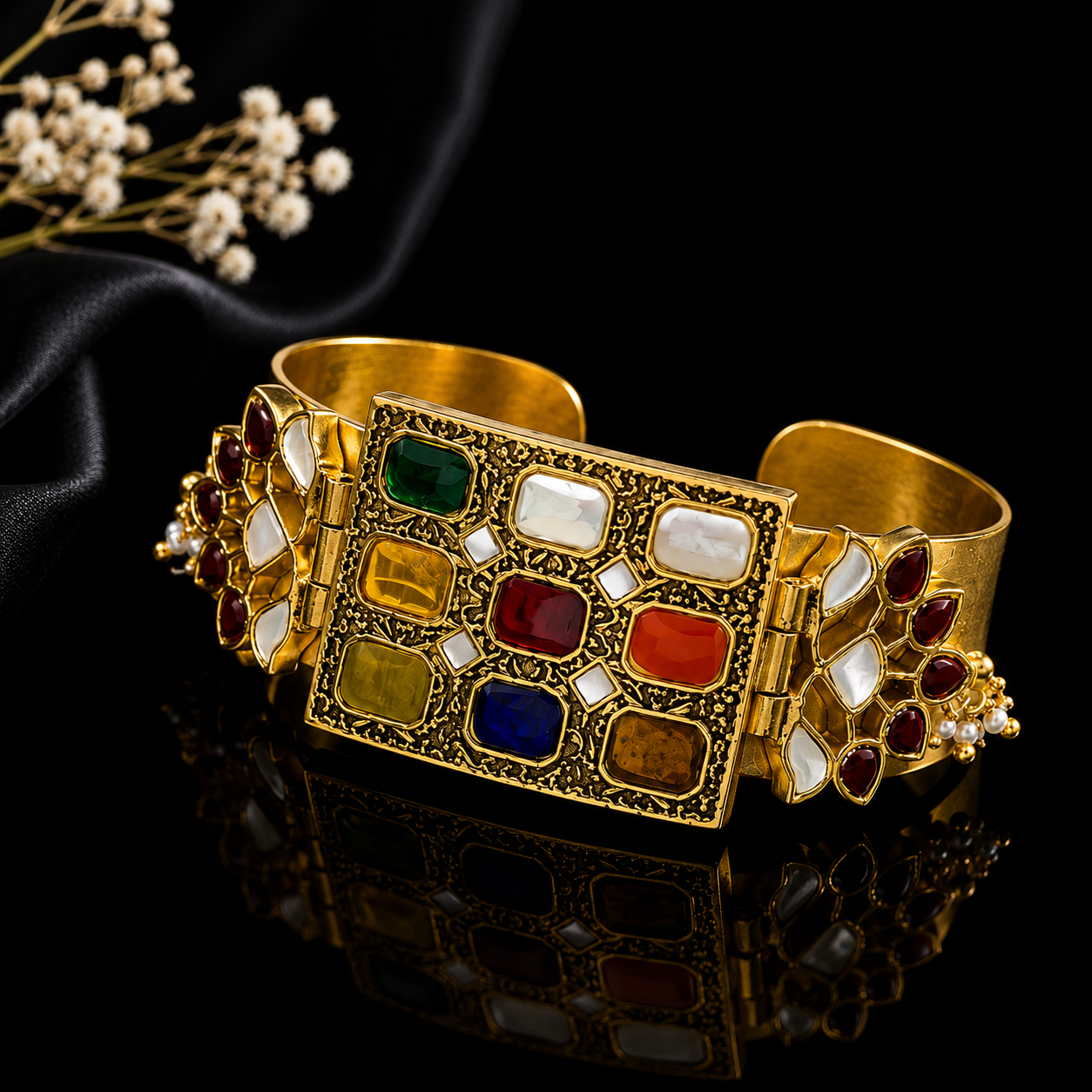 925 Silver Gold Polish Navratna Kundan Cuff Bracelet For Women