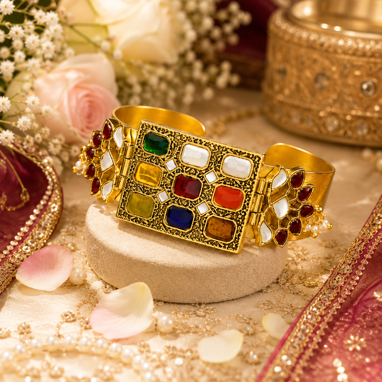925 Silver Gold Polish Navratna Kundan Cuff Bracelet For Women