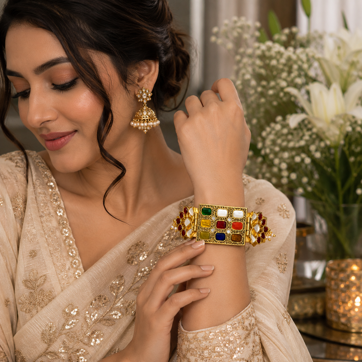925 Silver Gold Polish Navratna Kundan Cuff Bracelet For Women