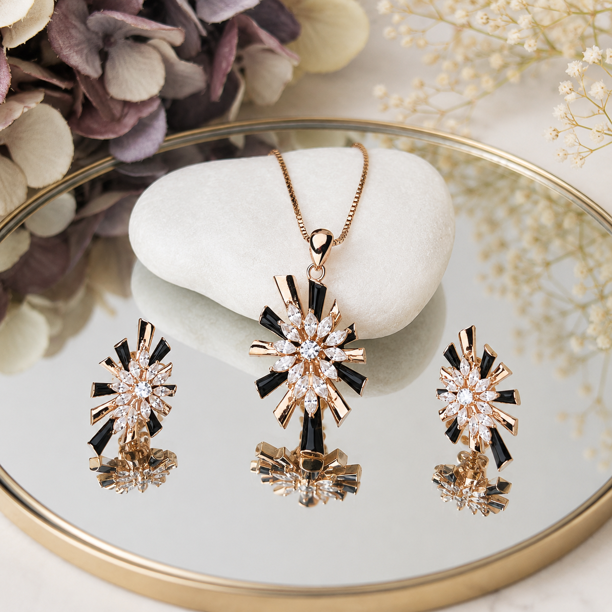 925  Silver Rose Gold Plated Black & White Cubic Zirconia Floral Pendant Set
