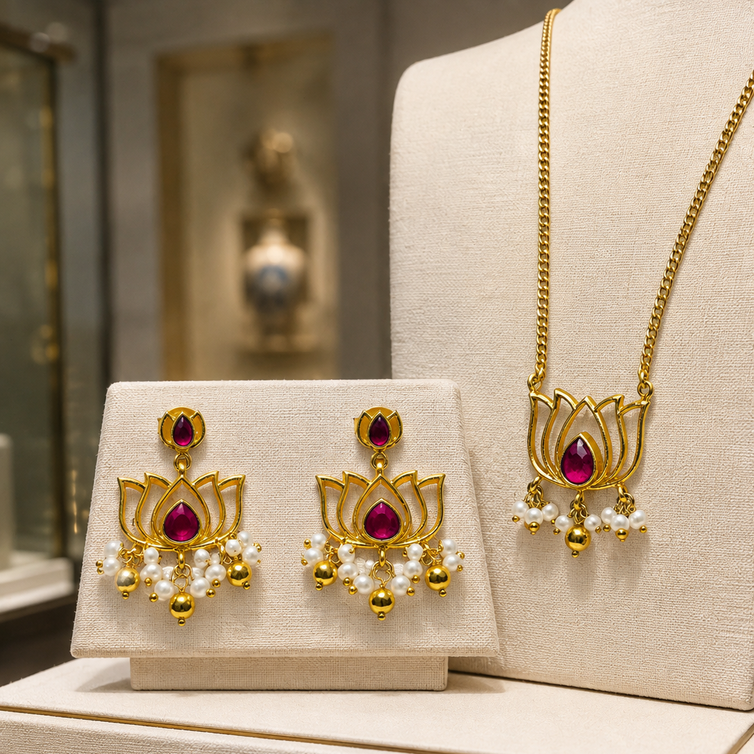 Handcrafted 925 Silver Lotus Jewellery Set with Pearl Drops