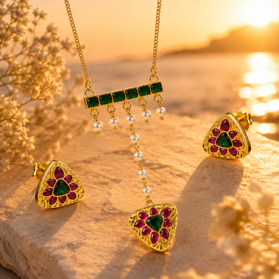 925  Silver Emerald Green Pendant Set with Earrings