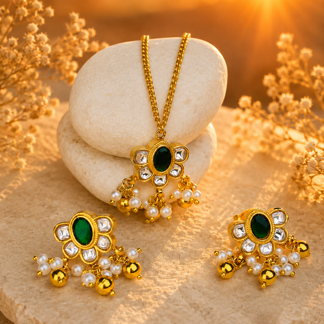 Designer Green Onyx & Kundan Jewellery Set for Women