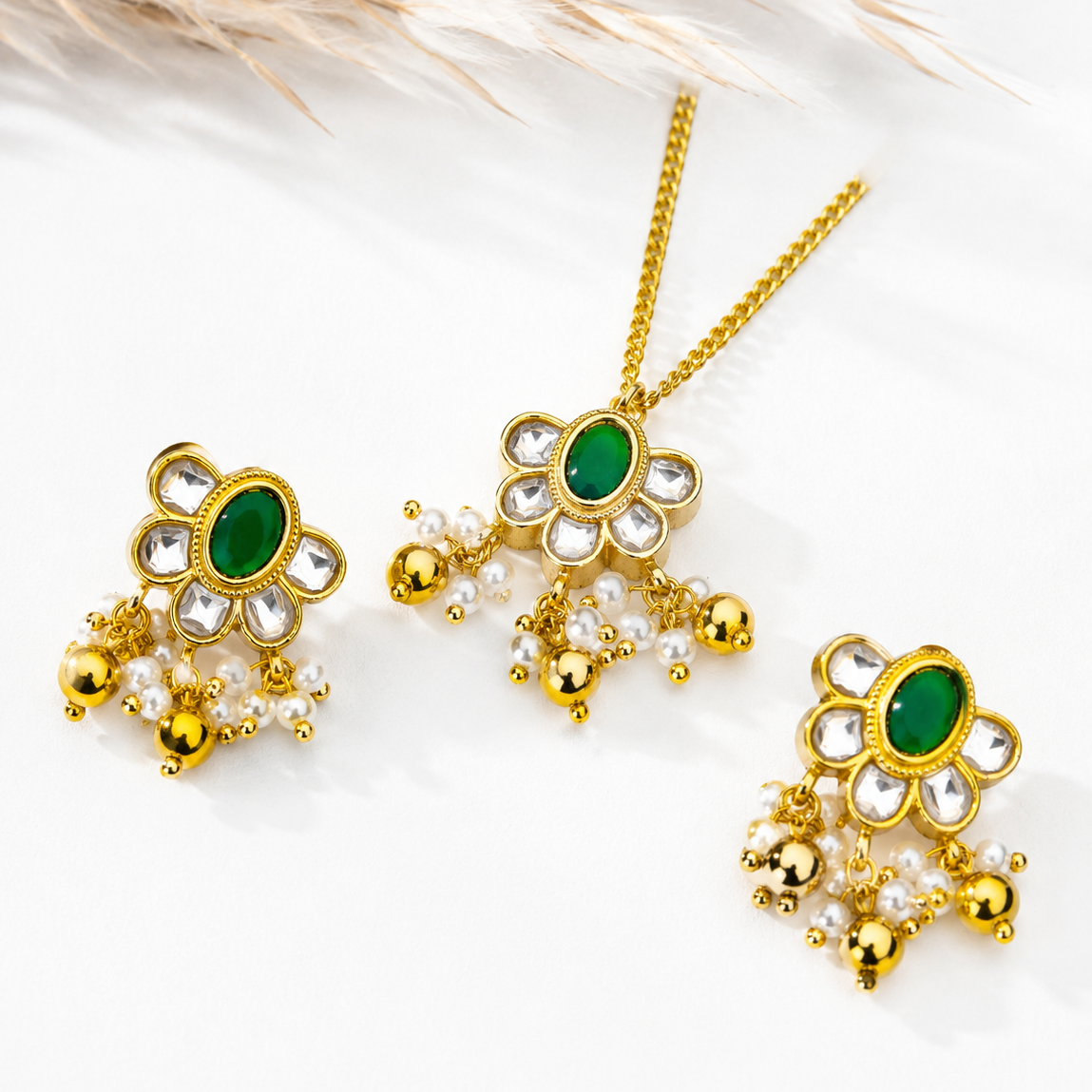 Designer Green Onyx & Kundan Jewellery Set for Women