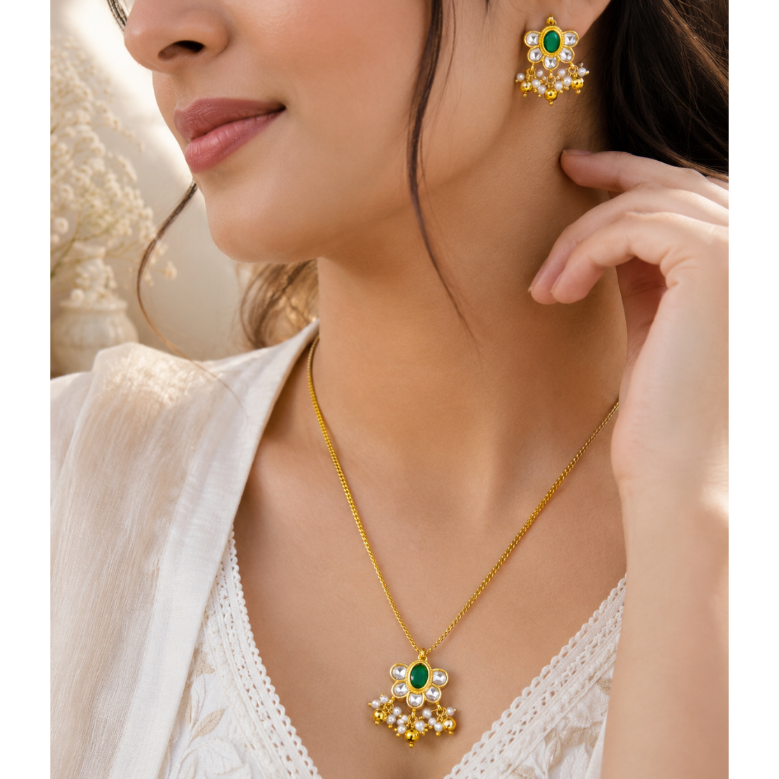 Designer Green Onyx & Kundan Jewellery Set for Women