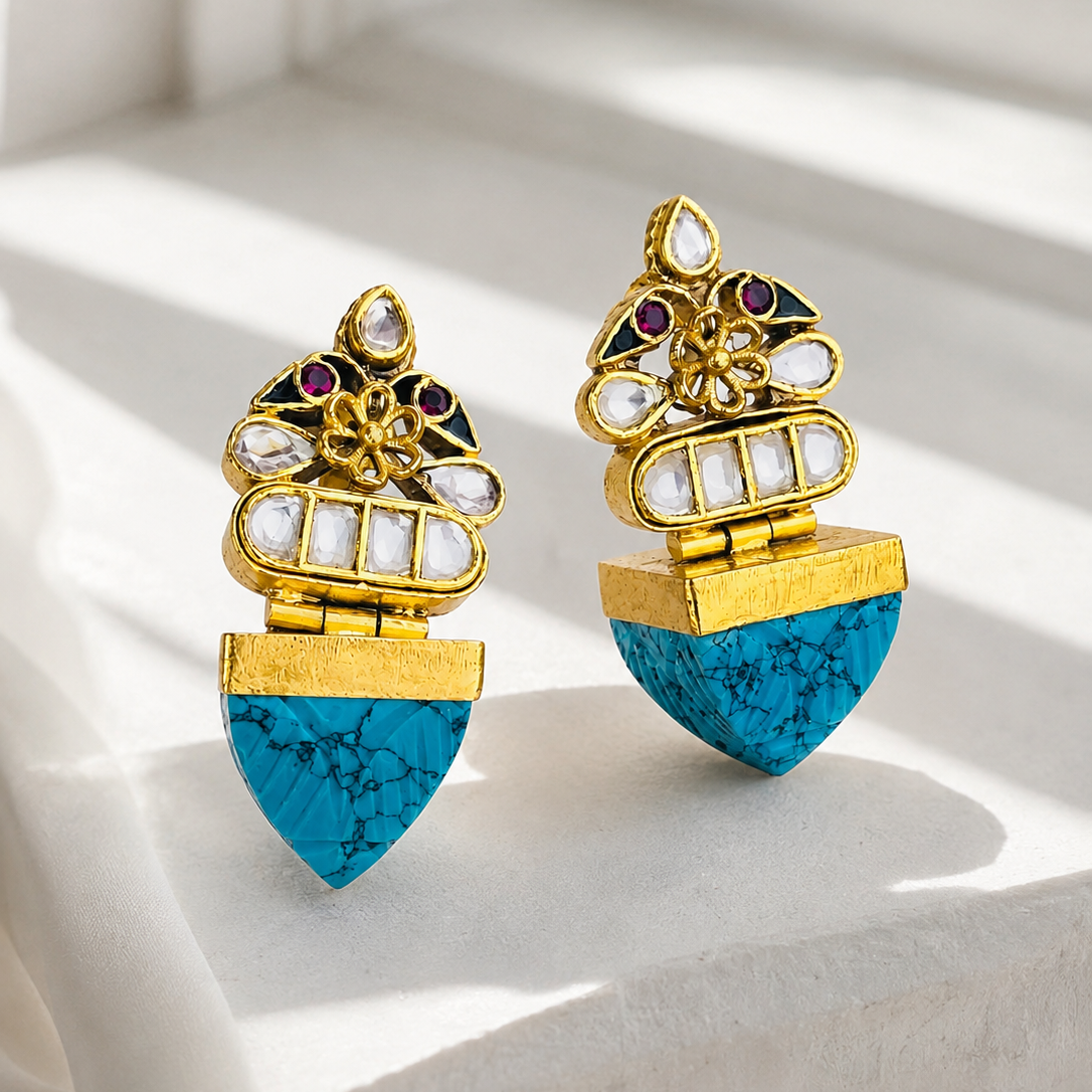 Traditional 925 Silver Kundan & Turquoise Party Wear Earrings