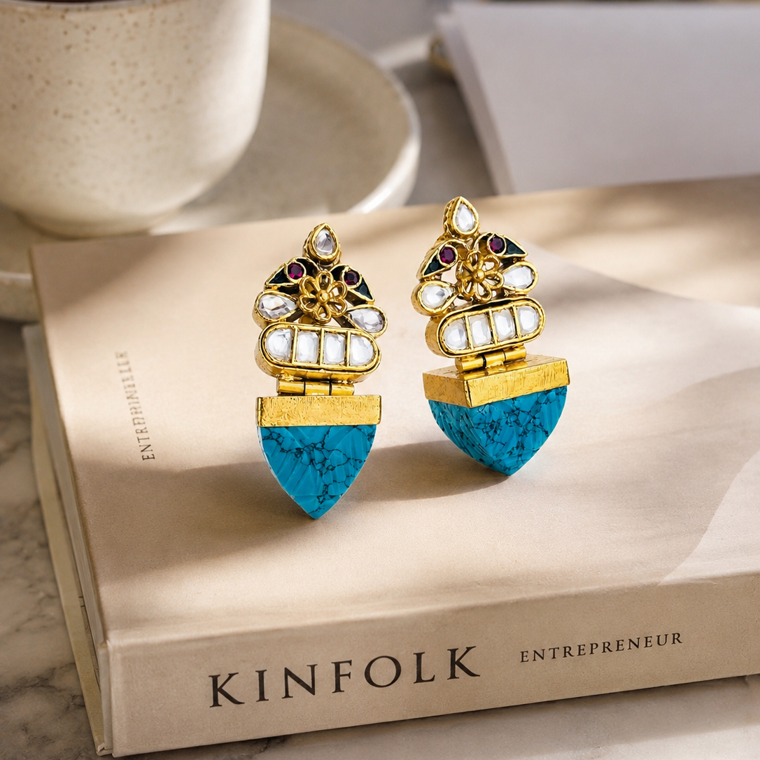 Traditional 925 Silver Kundan & Turquoise Party Wear Earrings