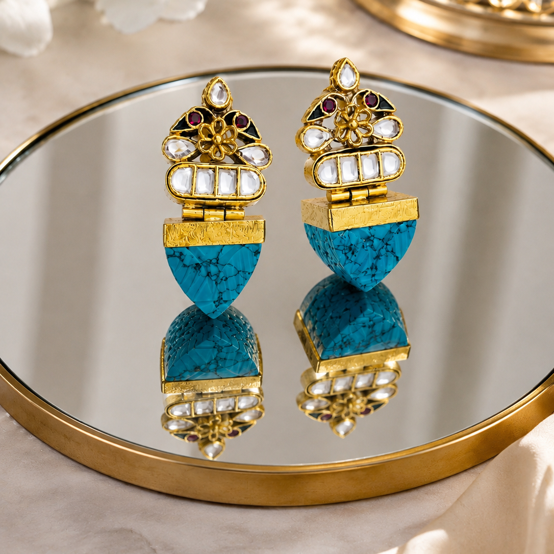 Traditional 925 Silver Kundan & Turquoise Party Wear Earrings