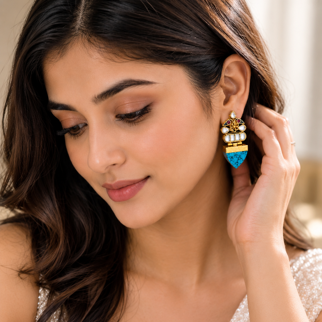 Traditional 925 Silver Kundan & Turquoise Party Wear Earrings