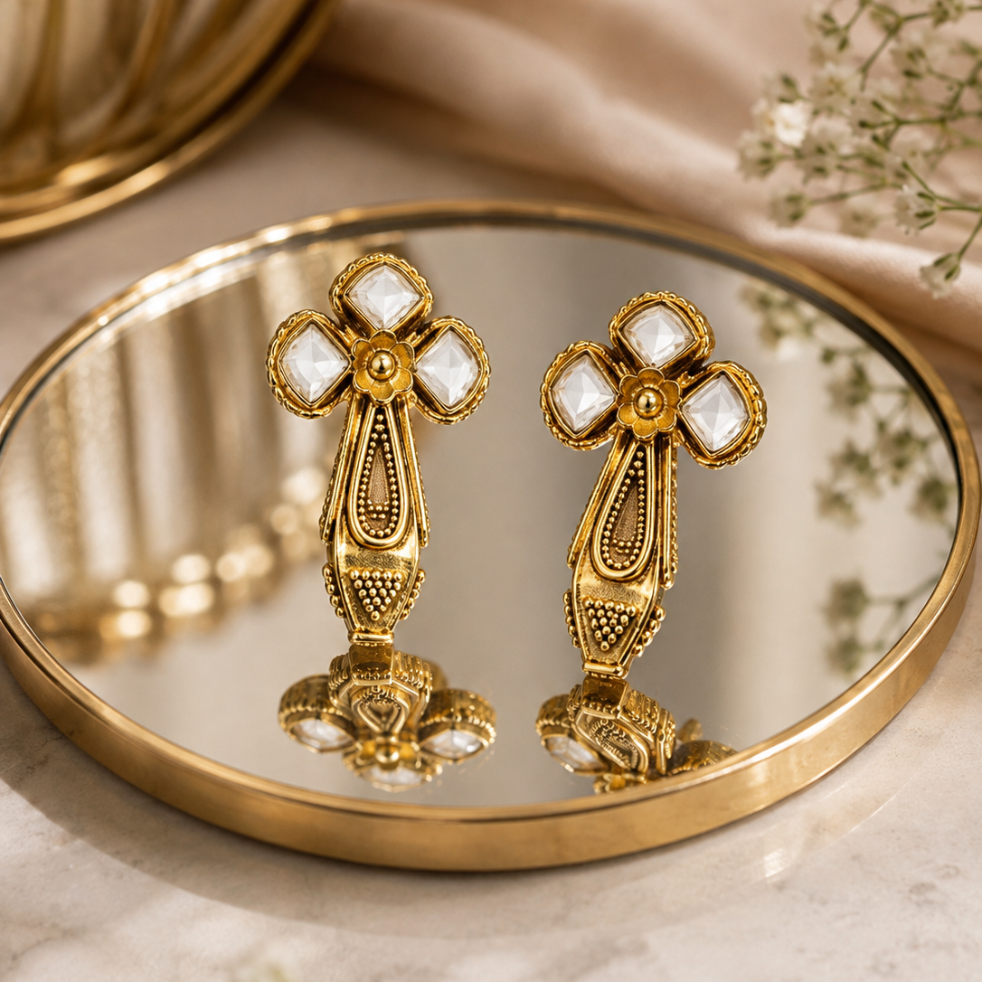 925  Silver Gold-Plated Kundan Floral Stud Earrings