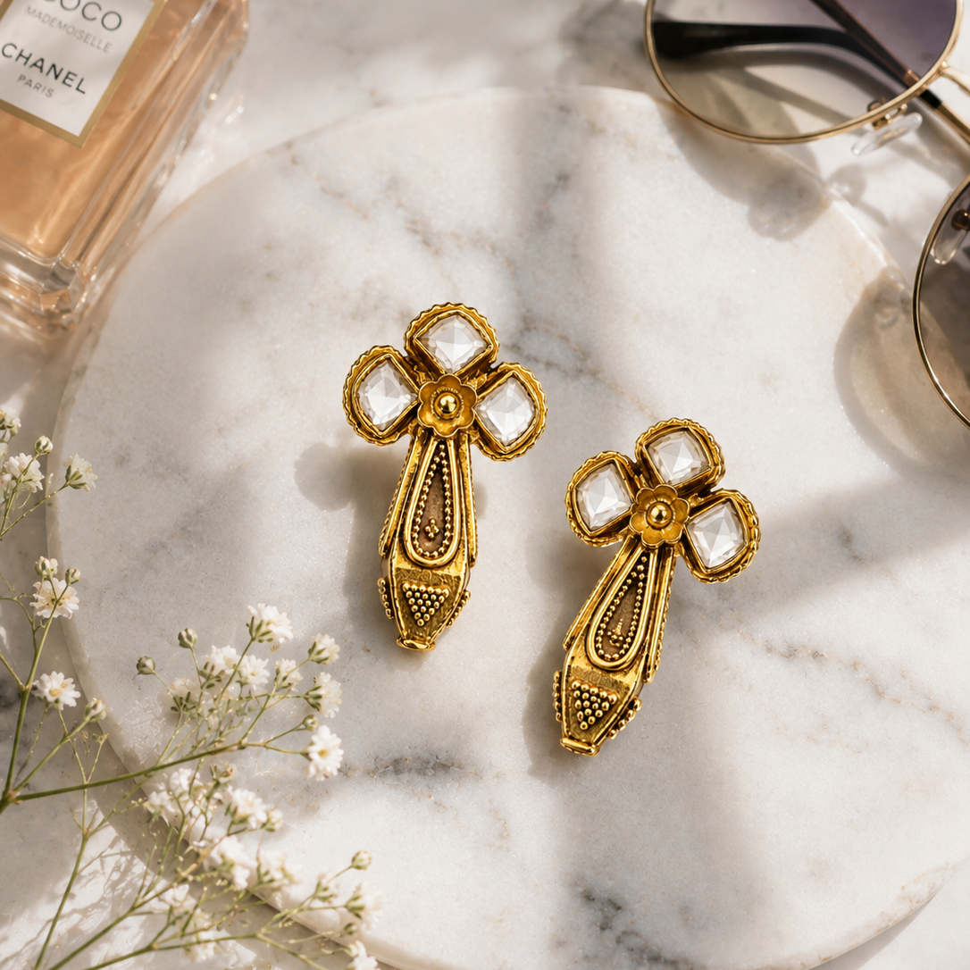 925  Silver Gold-Plated Kundan Floral Stud Earrings
