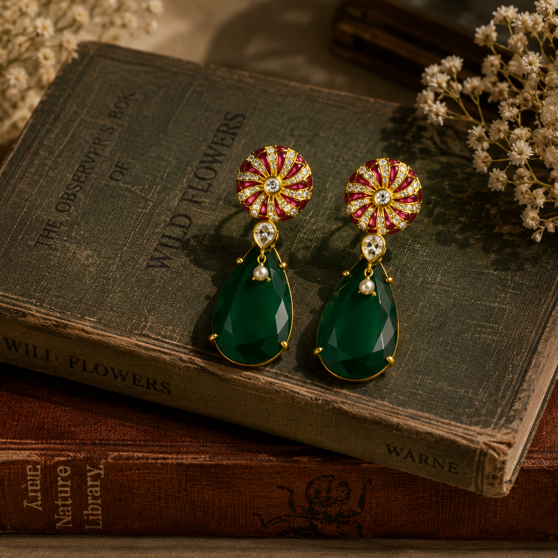 Gold-Plated 925 Silver Green Onyx & CZ Earrings