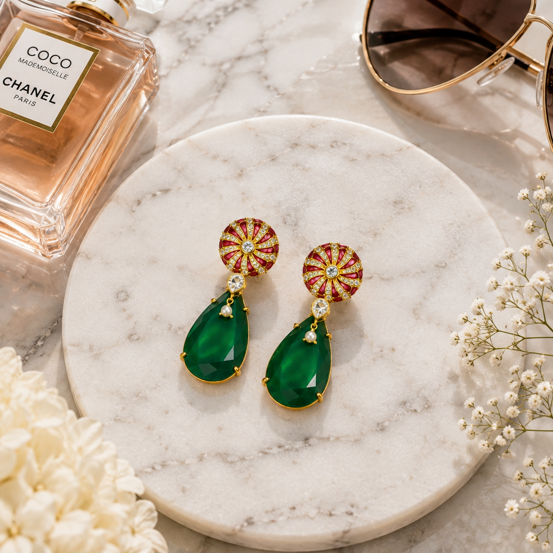 Gold-Plated 925 Silver Green Onyx & CZ Earrings
