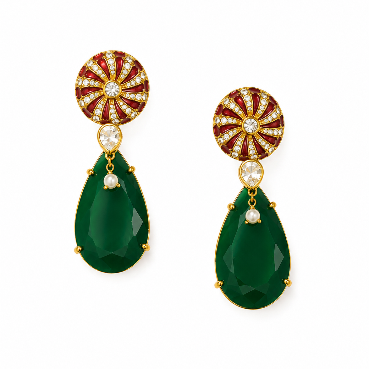 Gold-Plated 925 Silver Green Onyx & CZ Earrings