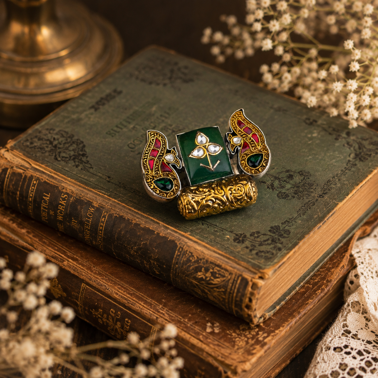 925 Silver Heritage Peacock Statement Ring with Green Jade & Kundan Design